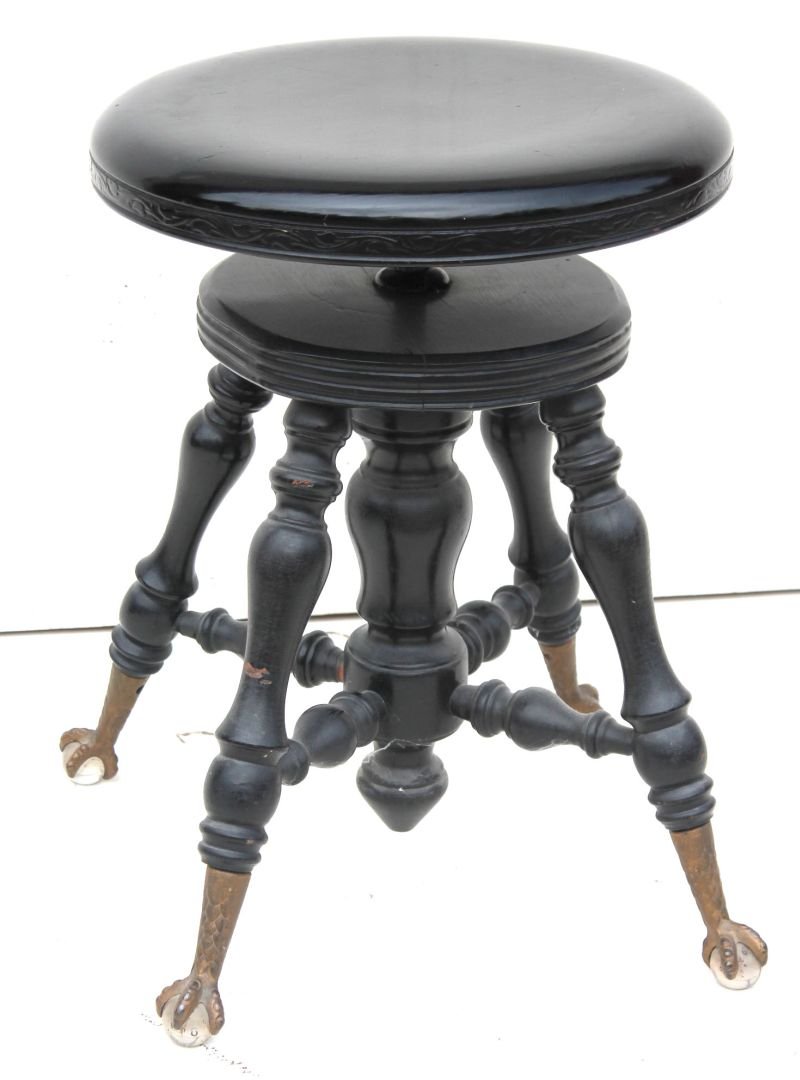 Vict brass & glass ball & claw foot mahog adjustable pi: Vict brass & glass ball & claw foot mahog adjustable piano stool - Spfld Estate