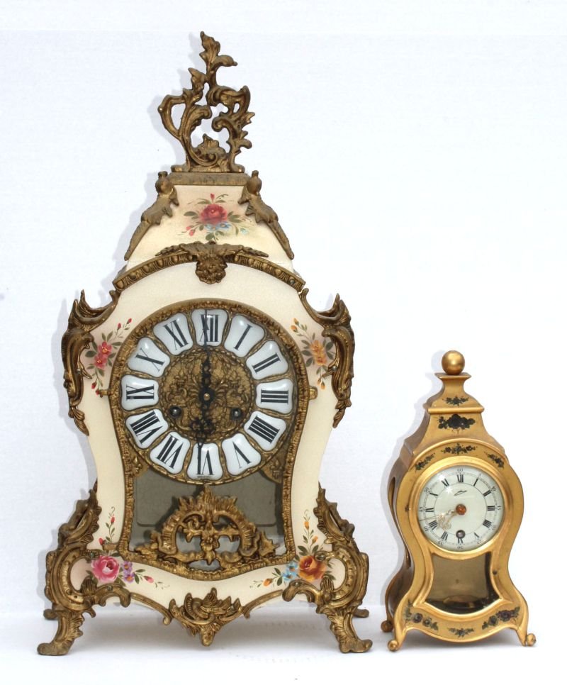 2 wood bracket mantle clocks incl a 22" tall hand ptd &: 2 wood bracket mantle clocks incl a 22" tall hand ptd & ormulu mtd Italian & a 11" hand painted & gilt dec German example