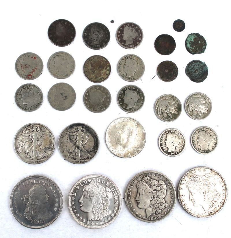 assorted coin & paper money lot incl 7 $1 & $2 silver (1 of 10)