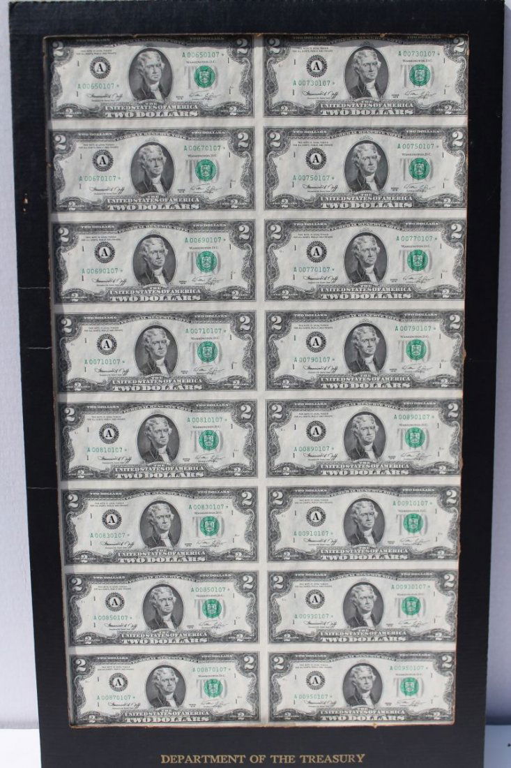 uncut sheet of 16 $2 bills dated 1976 (1 of 3)
