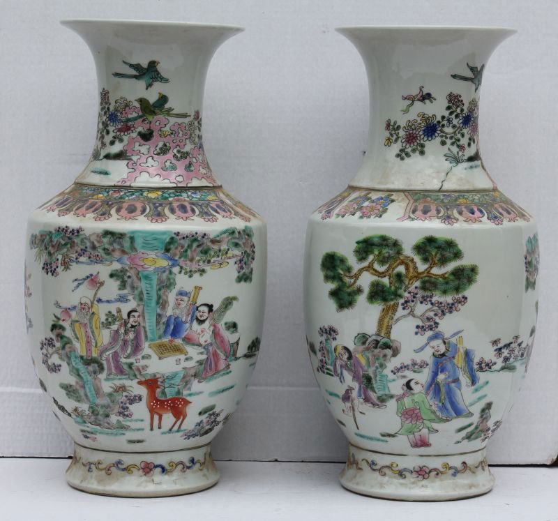 pr of Chinese balluster form vases w hand painted (1 of 4)
