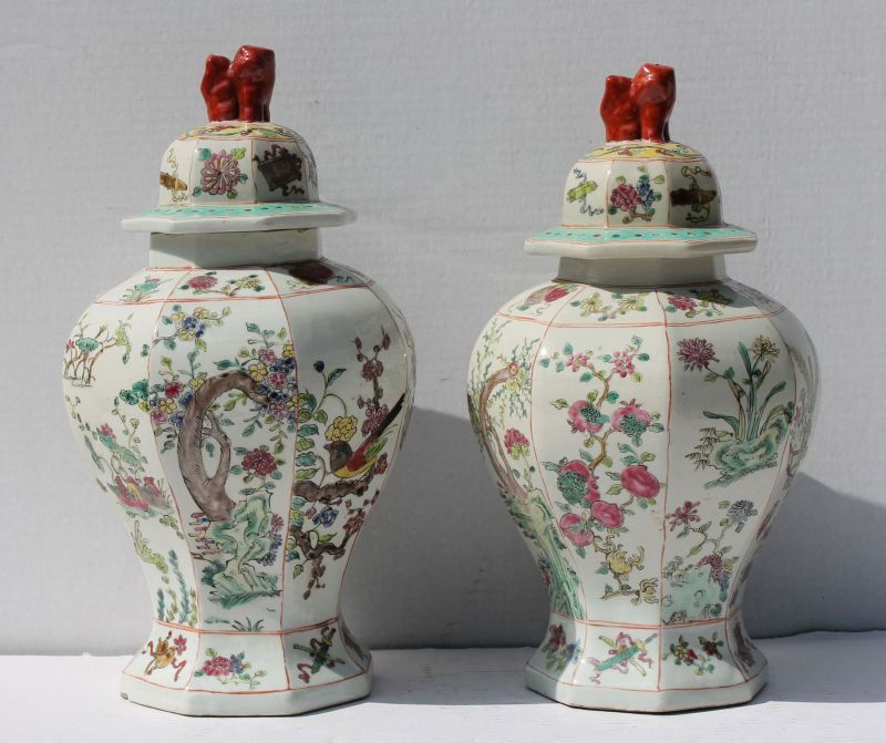 pr of Chinese 8 sided hand painted porcelain urns w (1 of 6)