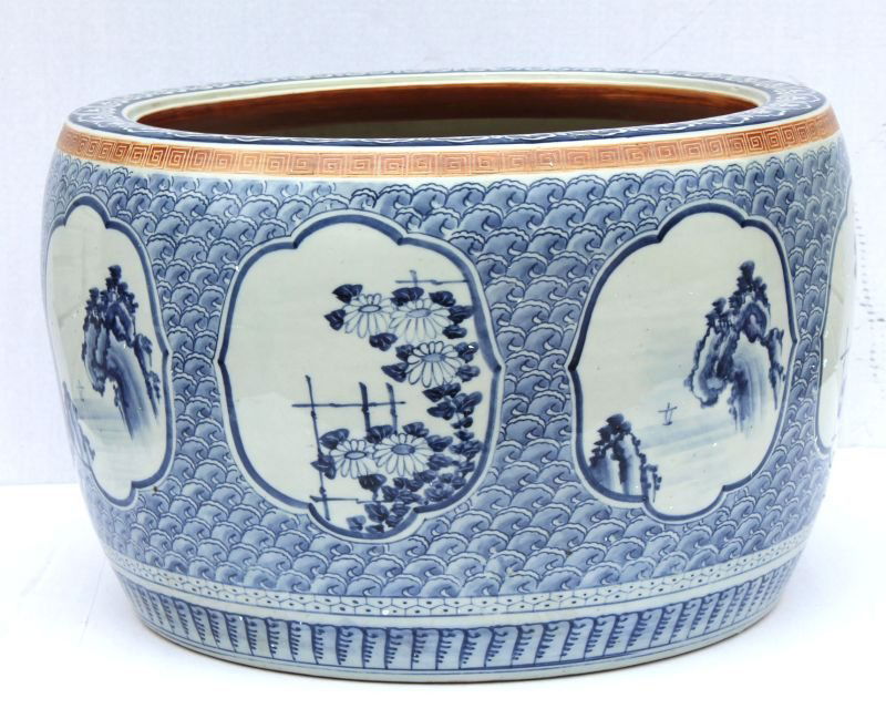 very large Chinese jardinere w hand painted scenic (1 of 4)