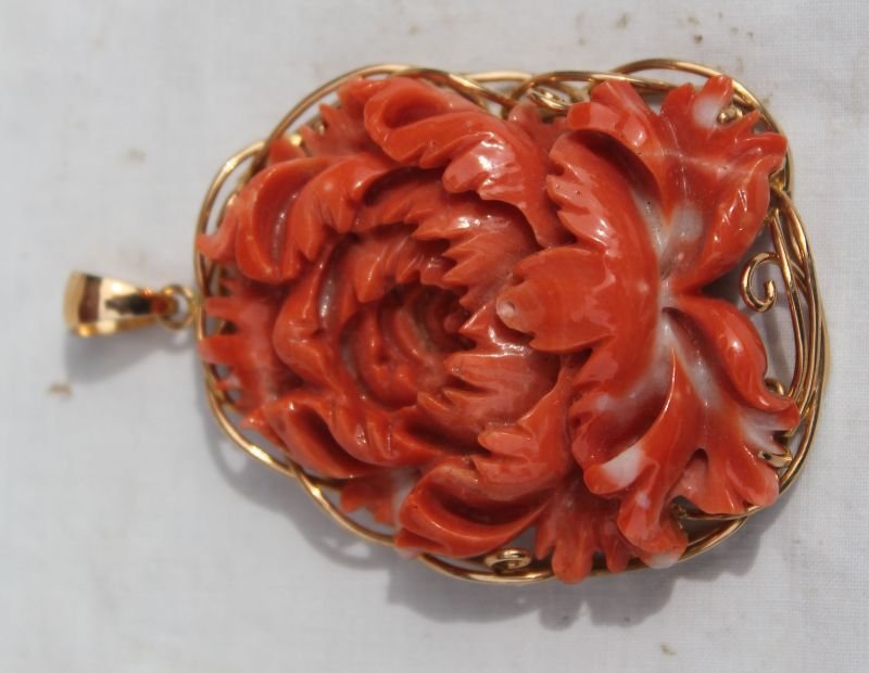 Chinese angel skin coral rose carved pendant w 14k gold (1 of 1)