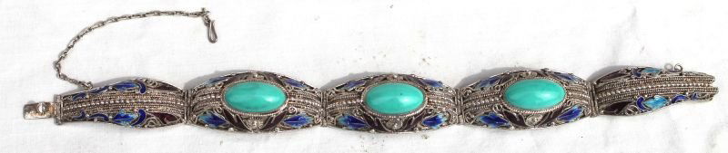 Chinese silver, enamel & turquoise bracelet (1 of 2)