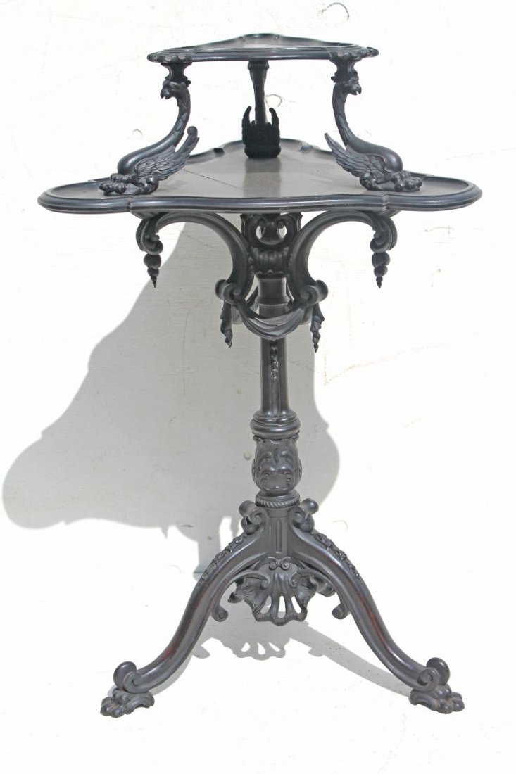 wonderful ca 1755 English attrib Thomas Chippendale: wonderful ca 1755 English attrib Thomas Chippendale carved elegant Cuban mahog rococco 2 tier dumbwaiter featuring shells, swags & tassles, bellflowers, winged griffins, etc on paw feet - 40" tall x 2