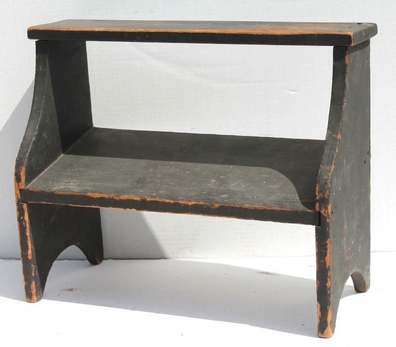 Rare excellent form ca 1840 New England Shaker pine bed: Rare excellent form ca 1840 New England Shaker pine bed steps in orig rare dry black painted surface w half moon boot jack ended sides in untouched orig cond - 13 3/4" tall x 17 1/2" wide x 7 1/2" dee