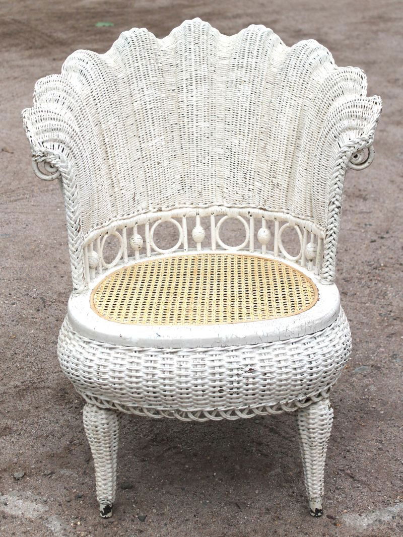 antique fancy shell shaped wicker armchair w stick & (1 of 3)