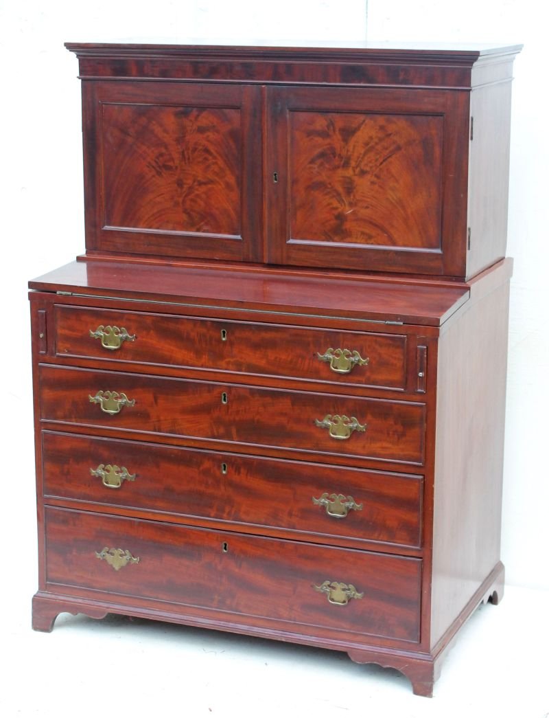 Fine period Hepplewhite ca 1790-1810 carved mahog: Fine period Hepplewhite ca 1790-1810 carved mahog desirably diminutive writing secretary attrib to Luther Metcalf of Medway, MA - 48" tall x 34" wide x 21 1/2" deep