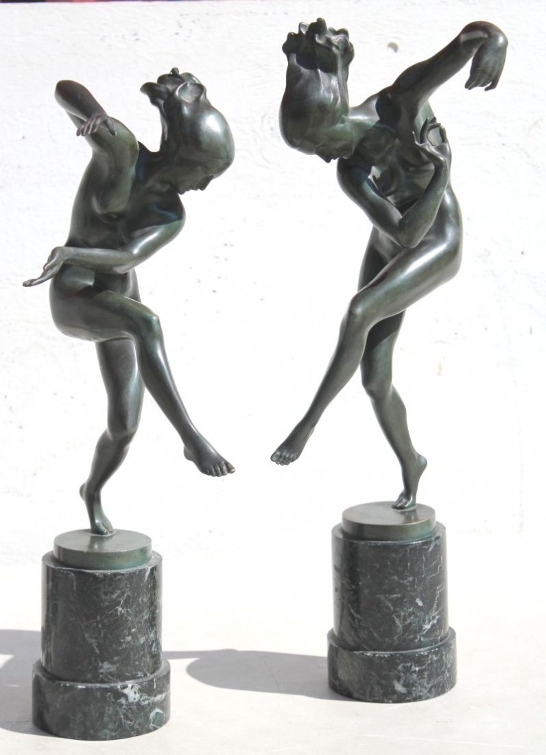 pr of Karl Perl (1876-1965) Art Deco female nude bronze: pr of Karl Perl (1876-1965) Art Deco female nude bronze dancers on marble plinths - 18 1/2" & 17 1/2" total height