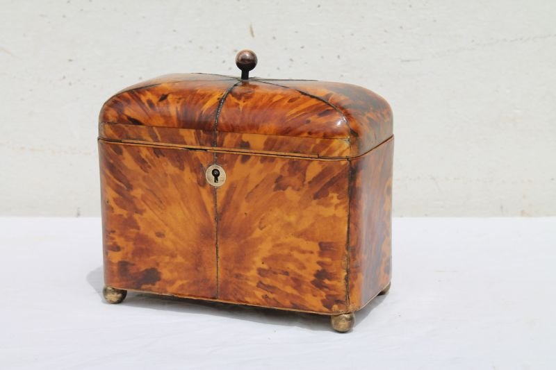 fine 18thC tortoise shell grained domed tea caddy w 2 (1 of 5)