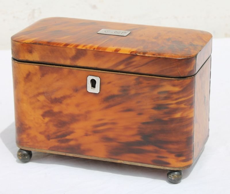 fine 18thC tortoise shell grained tea caddy w silver (1 of 4)