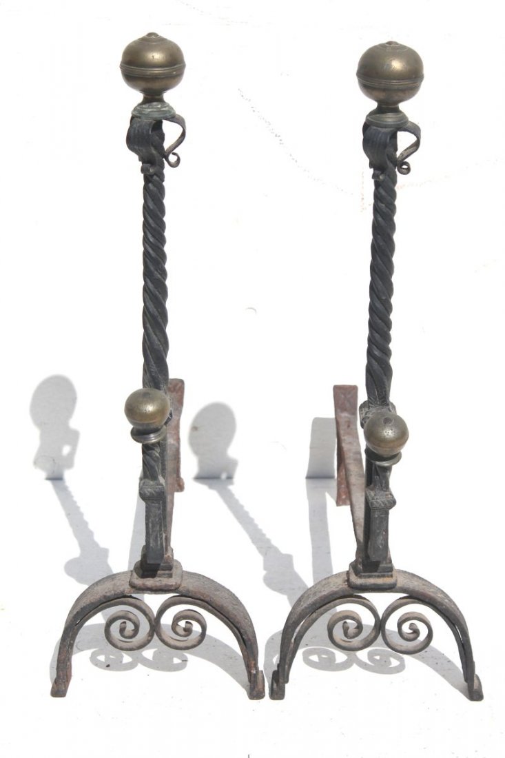 Fine form pr of early ca 1680-1720 Dutch or English: Fine form pr of early ca 1680-1720 Dutch or English very tall engraved andirons - 28 1/4" tall