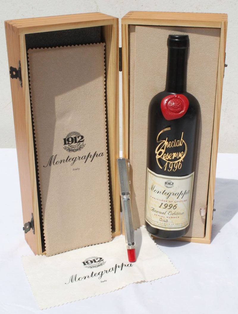 Montegrappe sterling silver fountain pen w engraved: Montegrappe sterling silver fountain pen w engraved grapevine & grape dec w faux bottle of wine & bottle of ink in orig box