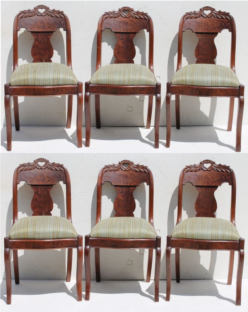 set of 6 ca 1835 mahog carved vase back sabre leg: set of 6 ca 1835 mahog carved vase back sabre leg dining chairs w pierced heart & leaf carved crests - 33 1/2" tall