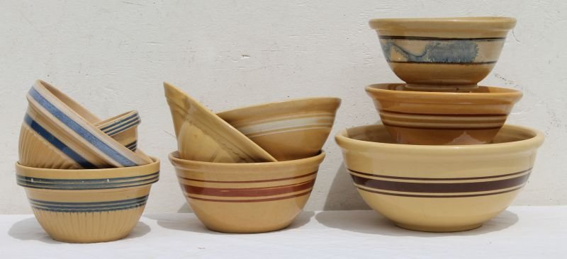 lot of 13 antique yelloware, etc banded mixing & batter (1 of 4)