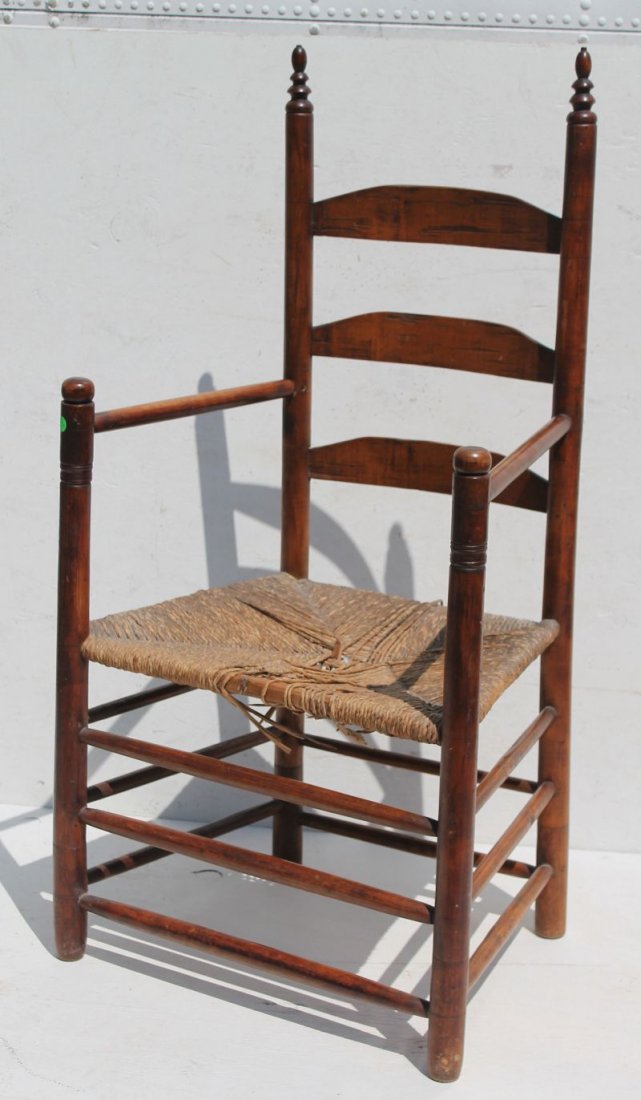 19thC New England 3 slat ladderback armchair w rush (1 of 2)