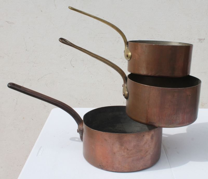 nest of 3 stacking long handled copper pots - marked (1 of 5)