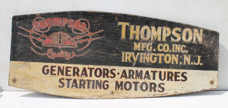 Thompson Manufacturing Co Irvington, NJ trade sign for: Thompson Manufacturing Co Irvington, NJ trade sign for generators, armitures, starting motors - 30"x72"