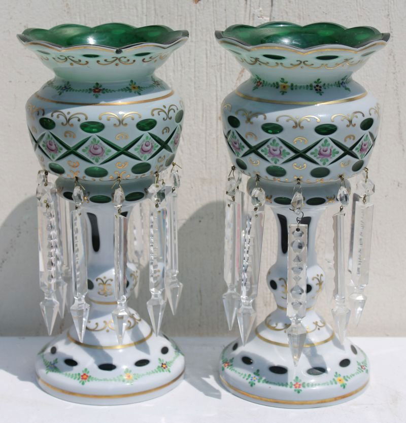 pr of 19thC white cut to emerald green luster lamps w (1 of 3)