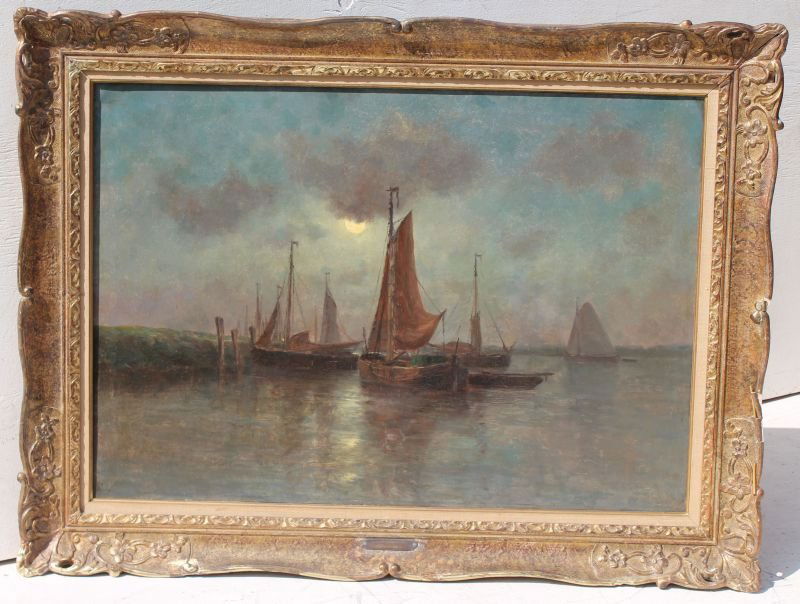 Stepp Romaine lg 27 1/2" x 39 1/2" o/c titled "Nocturn: Stepp Romaine lg 27 1/2" x 39 1/2" o/c titled "Nocturn Sur L'Escaut - French moonlit marine scene in vintage carved frame