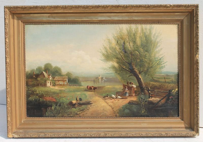 19thC 22"x36" o/c farm & mill scene w people & animals (1 of 4)