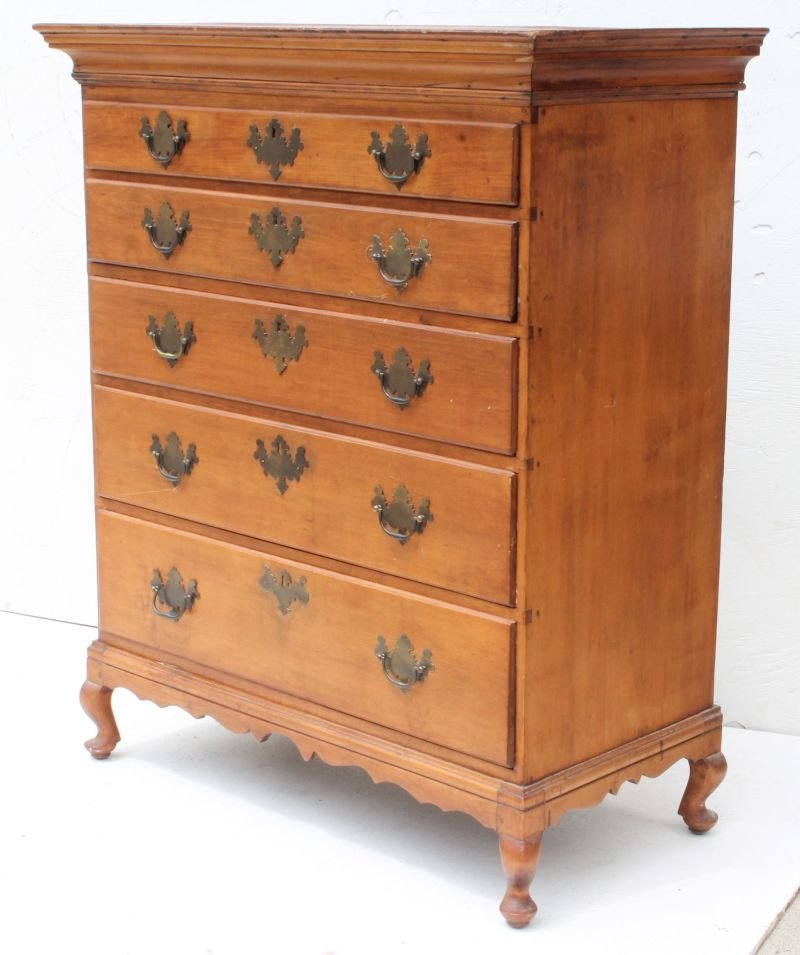 period QA mid 18thC New England maple 5 drawer tall (1 of 6)