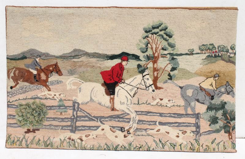 large hooked rug depicting huntsmen on horse back w (1 of 1)