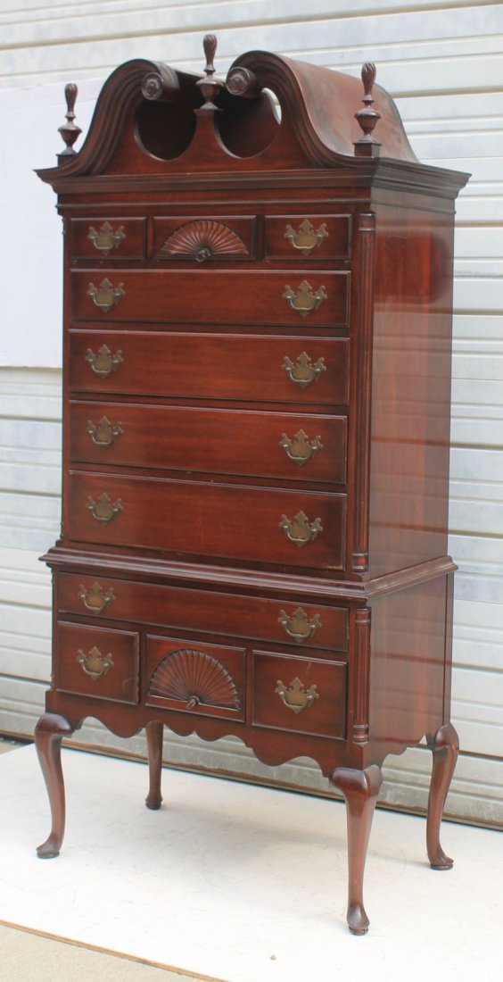 1930's custom mahog fan carved QA bonnet top highboy w (1 of 6)