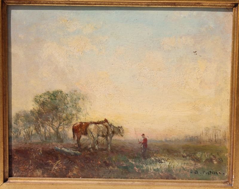Bertus Pietersz (1869-1938) 8 1/4"x10 1/2" o/bd titled: Bertus Pietersz (1869-1938) 8 1/4"x10 1/2" o/bd titled "Wooded Pasture" depicting a man & 2 horses in a pasture