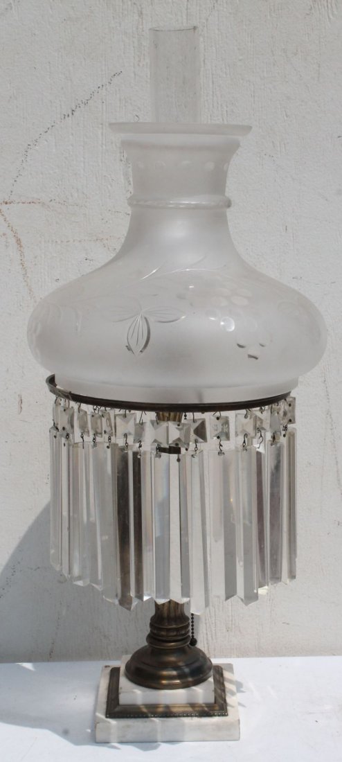 antique brass & marble based lamp w cut/frosted glass (1 of 3)
