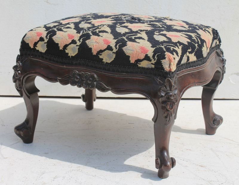 Victorian carved walnut foot stool with needle point (1 of 3)