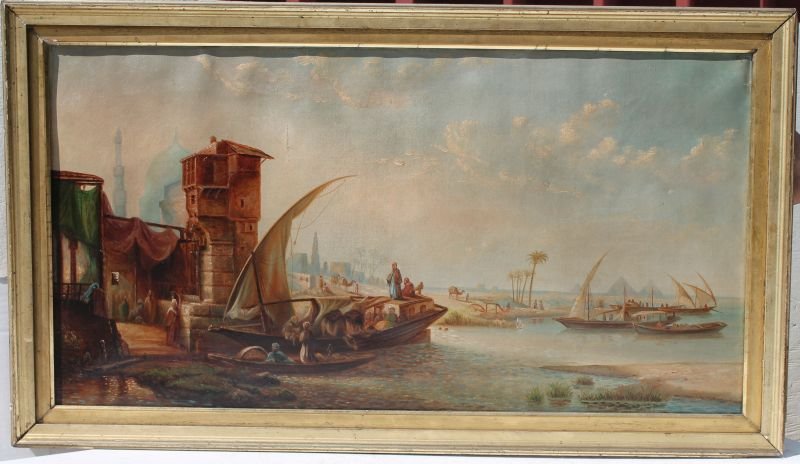 late 19thC 15 3/4" x 29 3/4" o/c Nile River scene w/ (1 of 5)