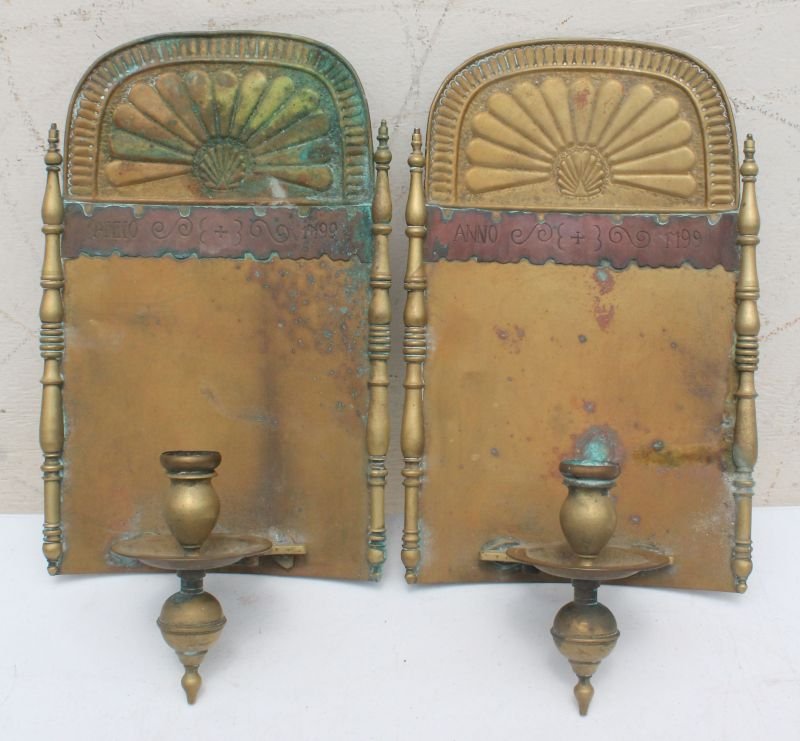 unusual pr of 18thC brass & copper sconces dtd 1799 - (1 of 4)