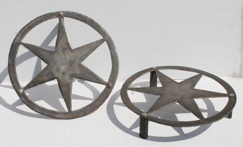 19thC wrought iron lot including a pr of hearth trivets: 19thC wrought iron lot including a pr of hearth trivets w/ unusual hex design 10 1/2" diam together w/ a PA heart trivet 11 1/2" x 10 1/2"- both in nice polished surface &/or old color