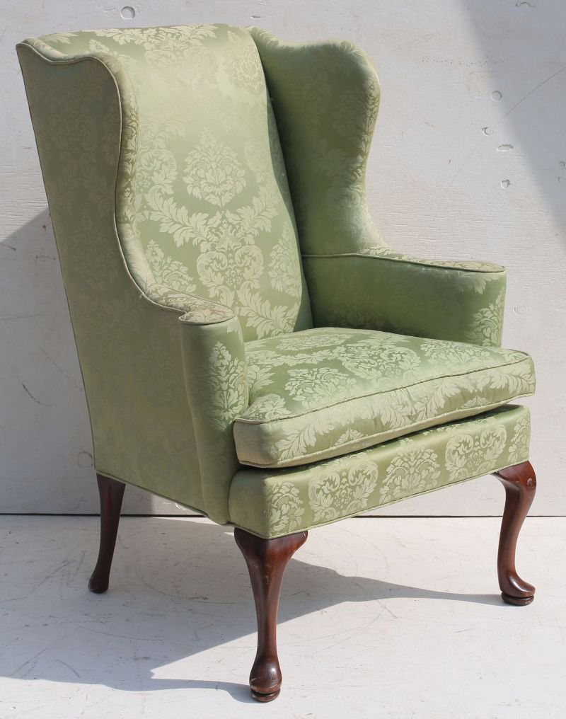 antique QA style wingchair in green brocade 42" tall (1 of 2)