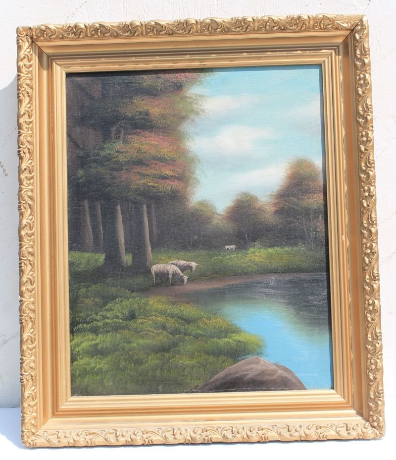 early 20thC unsgnd 20"x16" o/c sheep in meadow near (1 of 3)