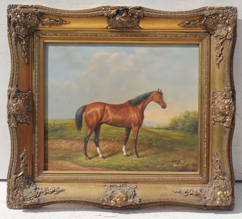 Large o/c sgnd G. Roy thoroughbred horse in pastoral (1 of 3)