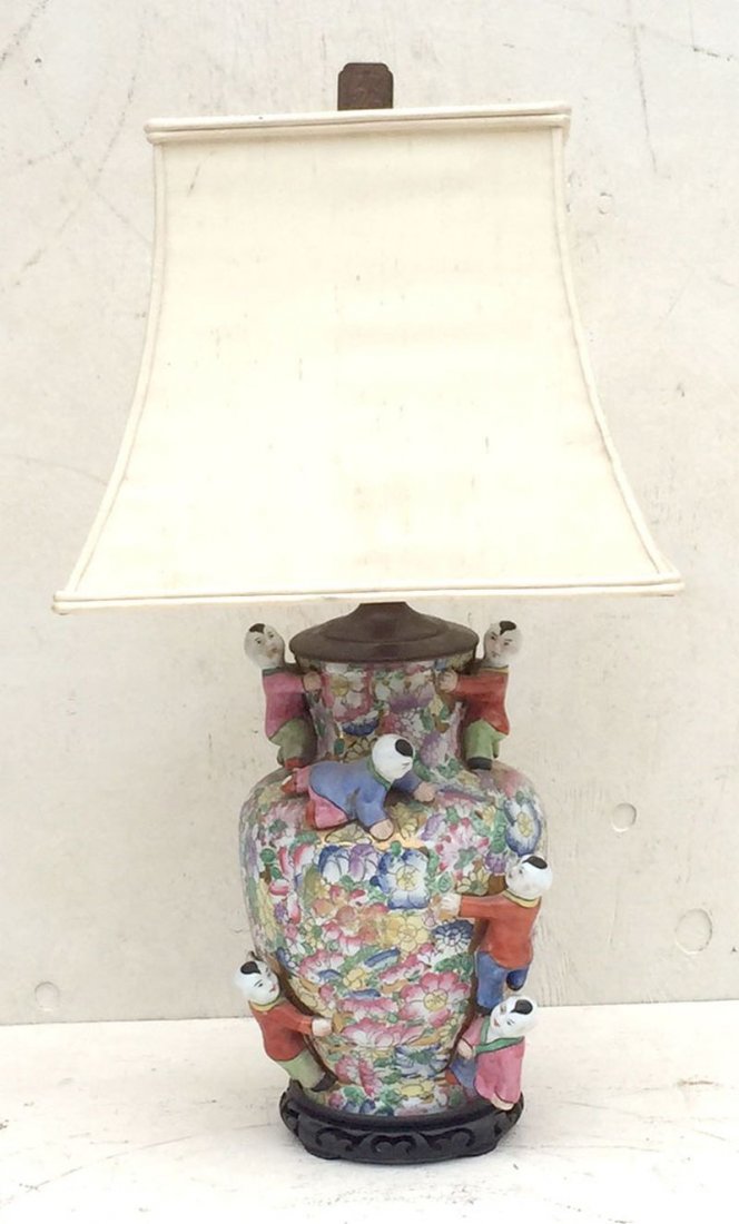 Late 19thC floral dec lamp base w applied figural (1 of 3)