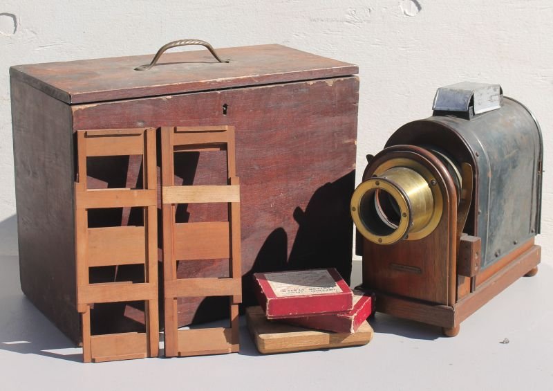 antique Magic Lantern in wood & sheet metal w brass (1 of 4)