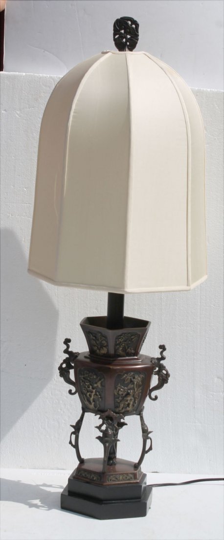 Chinese bronze urn form 2 handled lamp w bird & prunis (1 of 4)