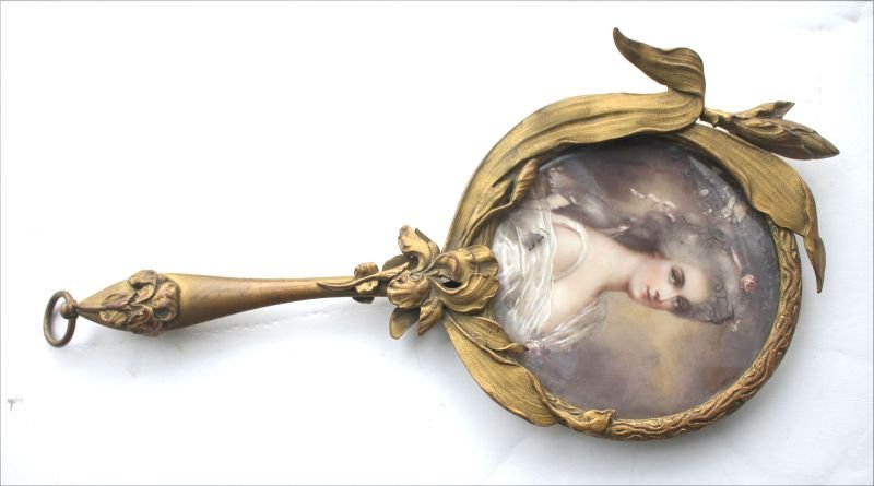 Beautiful Art Nouveau hand mirror w portrait on ivory (1 of 3)