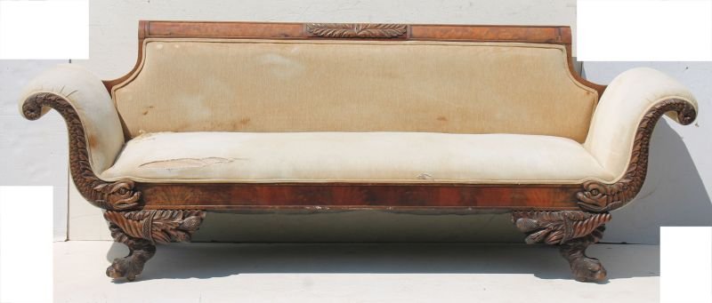 exceptional period ca 1815-1825 Grecian style NYC: exceptional period ca 1815-1825 Grecian style NYC dolphin carved mahog sofa attrib to Duncan Phyfe of Edwin Meeks in orig structural cond - 94" long