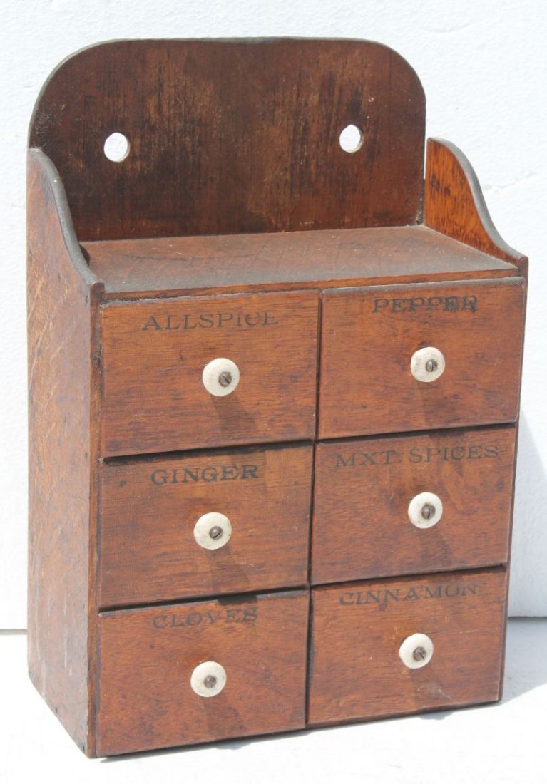 19thC wall hanging or table top 6 dr spice chest in old (1 of 2)