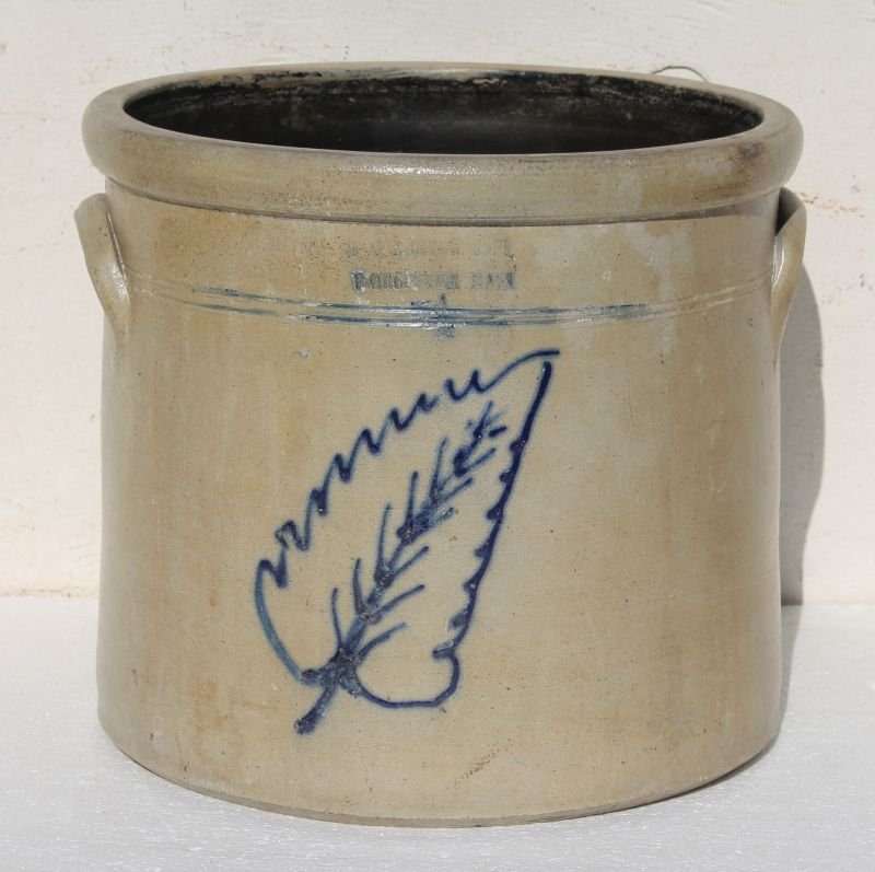 19thC 4 gal stoneware crock w cobalt leaf dec - (1 of 3)