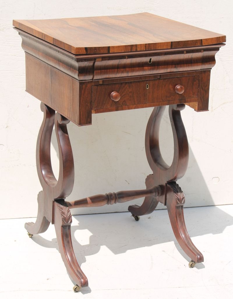 rare form Duncan Phyfe style early 19thC rosewood 2 dr: rare form Duncan Phyfe style early 19thC rosewood 2 dr work stand w compartmented & desk interior - 29 1/2" tall