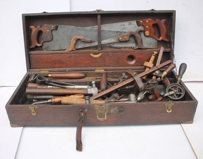 excellent old carpenter's tool chest w assorted tools (1 of 3)