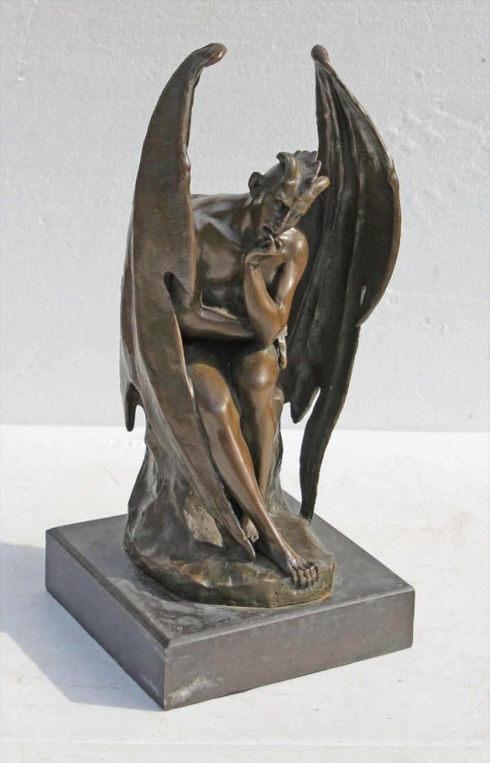 bronze figure of winged devil on marble plinth by Milo (1 of 2)