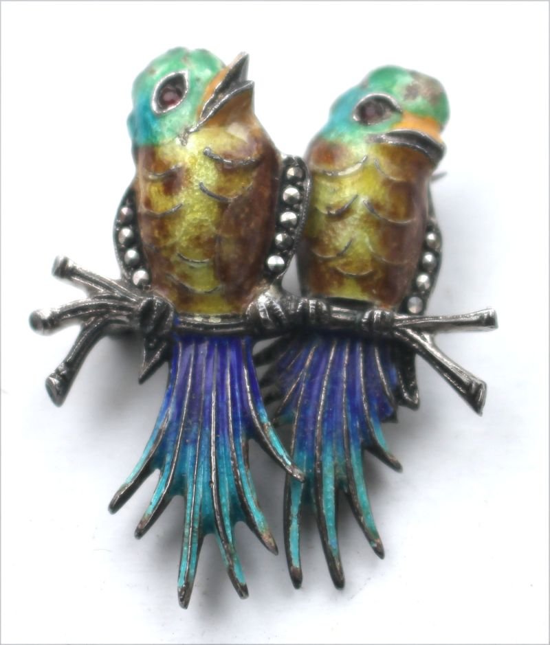 Art Deco sterling silver hand painted enameled bird pin (1 of 2)