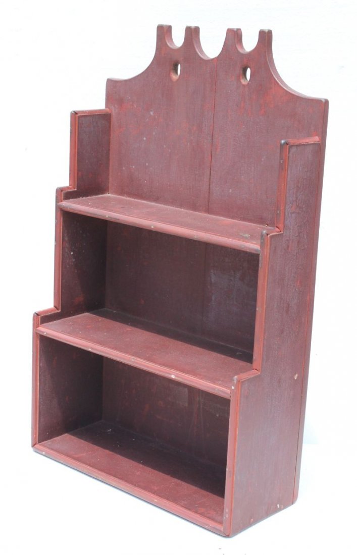 early 19thC wall shelf w 3 reverse graduated shelves in (1 of 2)